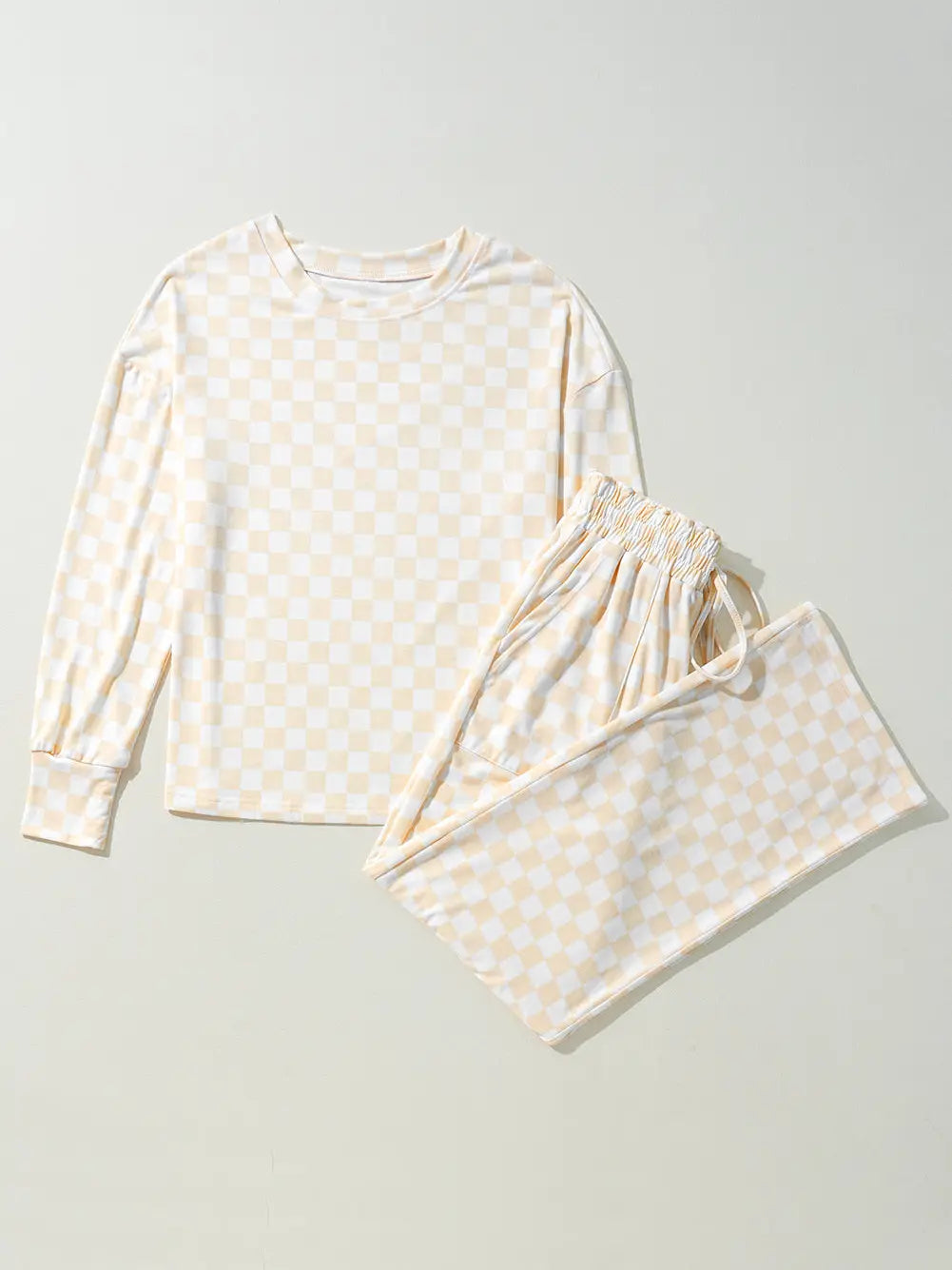 Beige Checkered Print Long Sleeve Top and Pants Lounge Set
