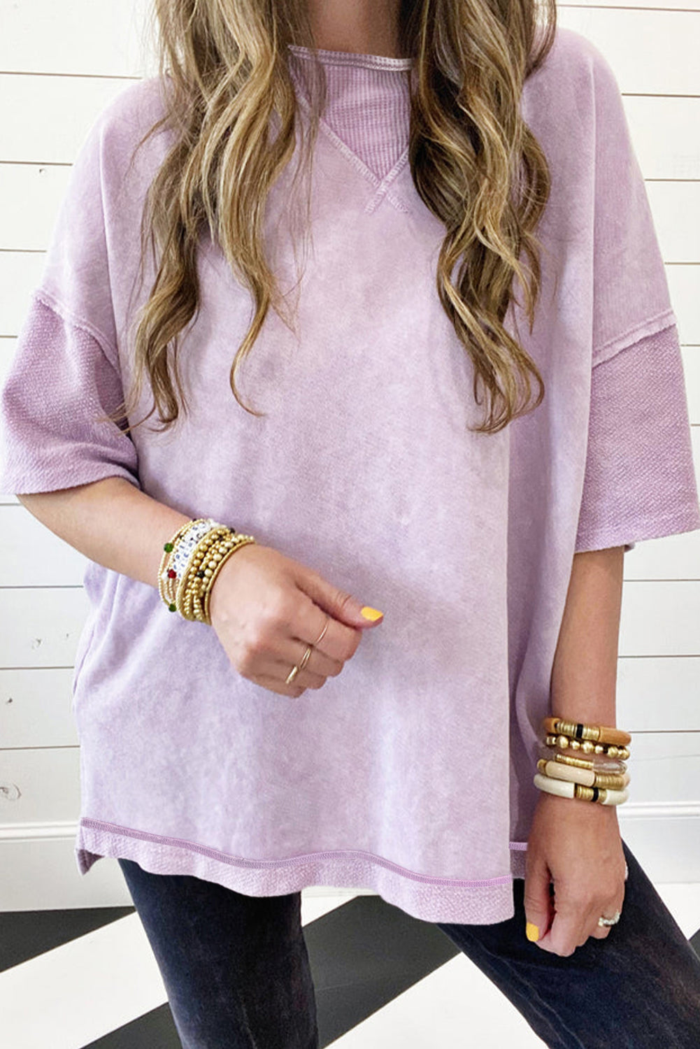 Mineral Wash Exposed Seam Drop Shoulder Oversized Tee - Orchid Petal