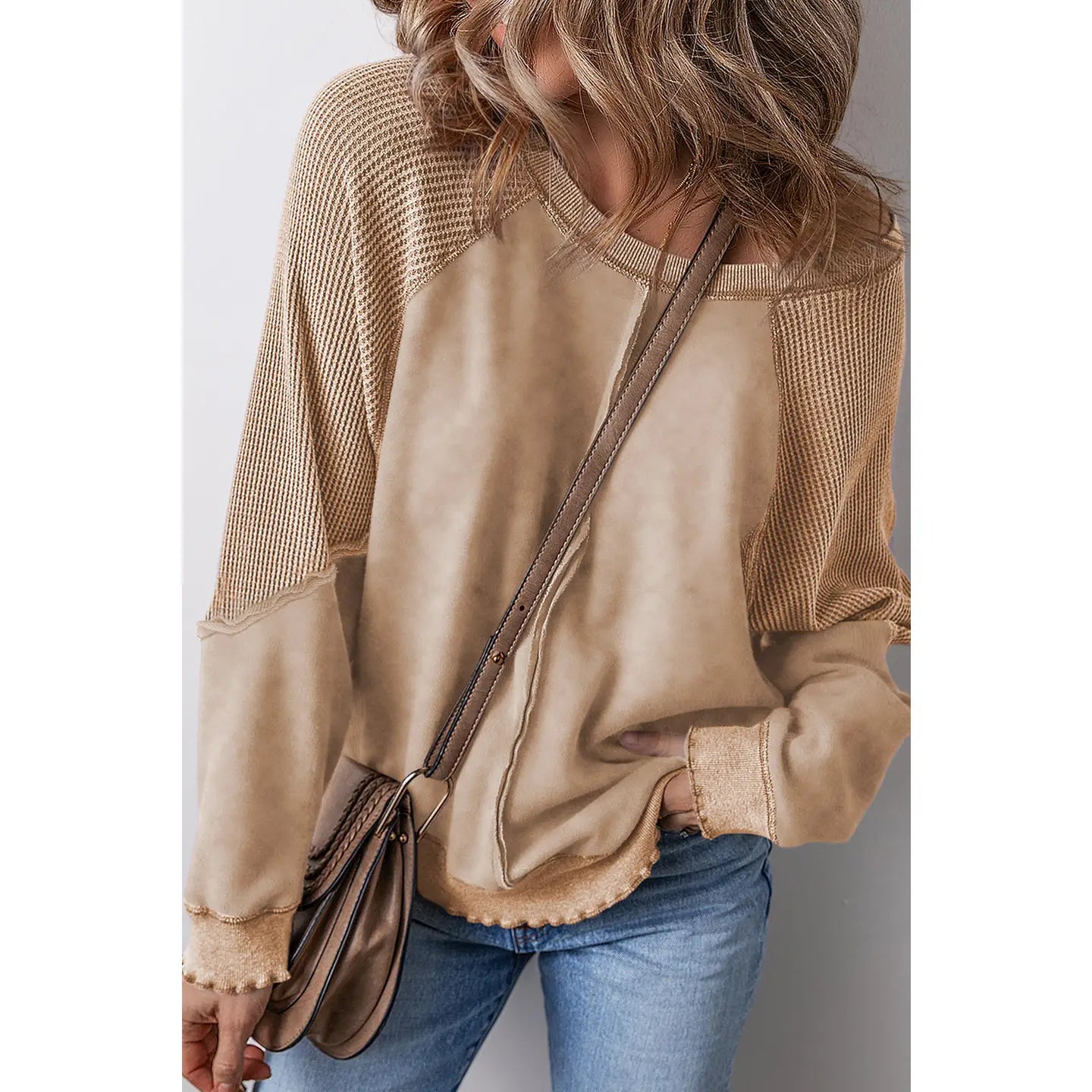 Waffle Knit Raglan Sleeve Sweatshirt - Light Beige Waffle Knit Raglan Sleeve Sweatshirt - Light Beige