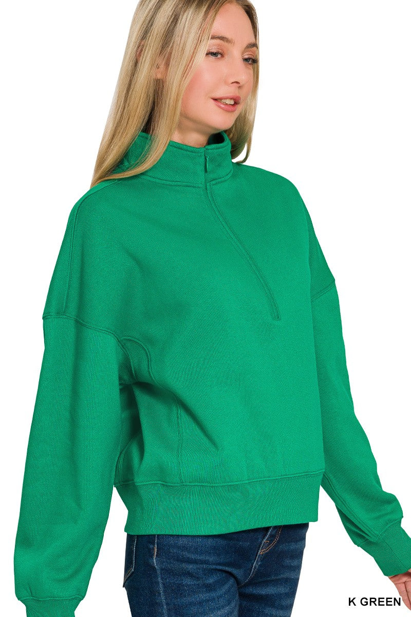 Zenana Fleece High Neck Half Zip Sweatshirts - Kelly Green
