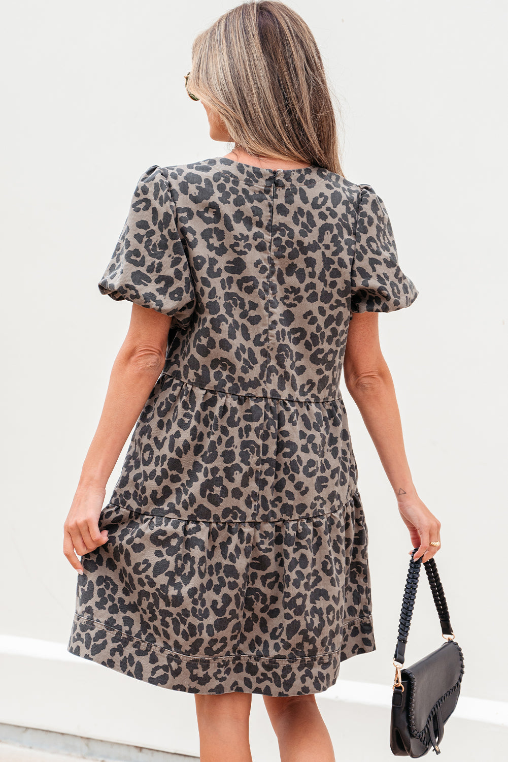 Denim Leopard Printed Short Puff Sleeve Mini Dress - Brown