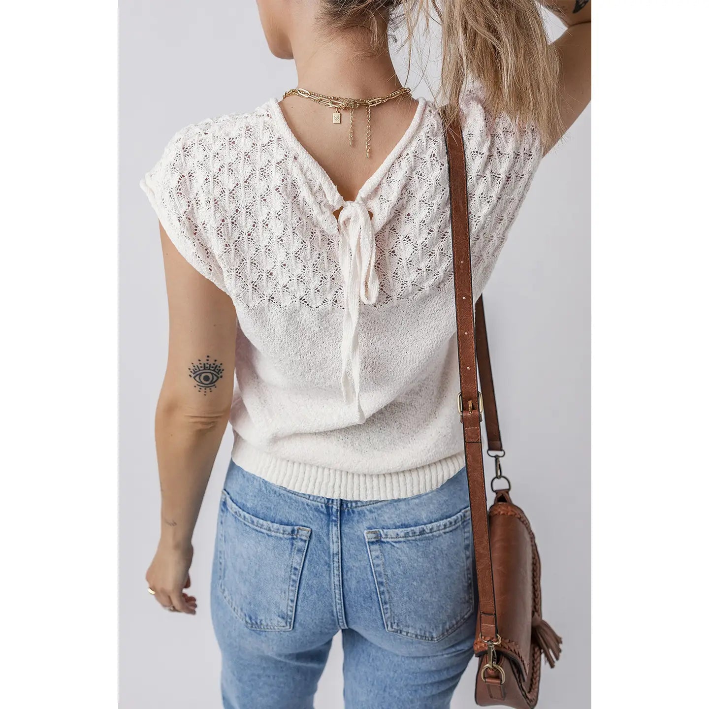 Eyelet Knit Short Sleeved Sweater - White