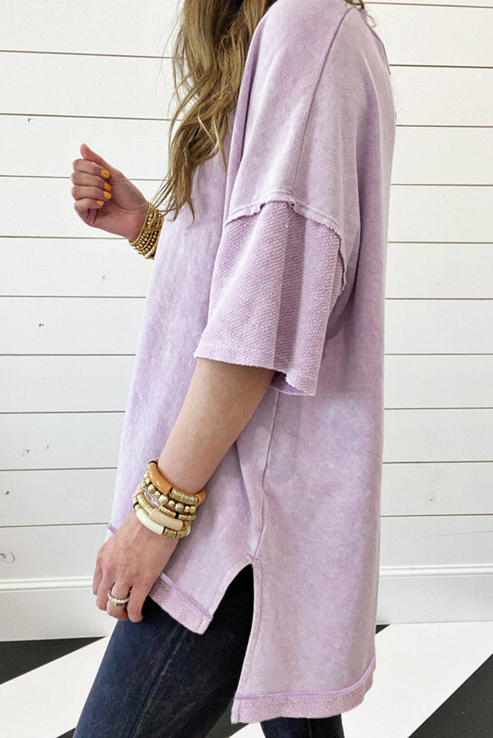 Mineral Wash Exposed Seam Drop Shoulder Oversized Tee - Orchid Petal