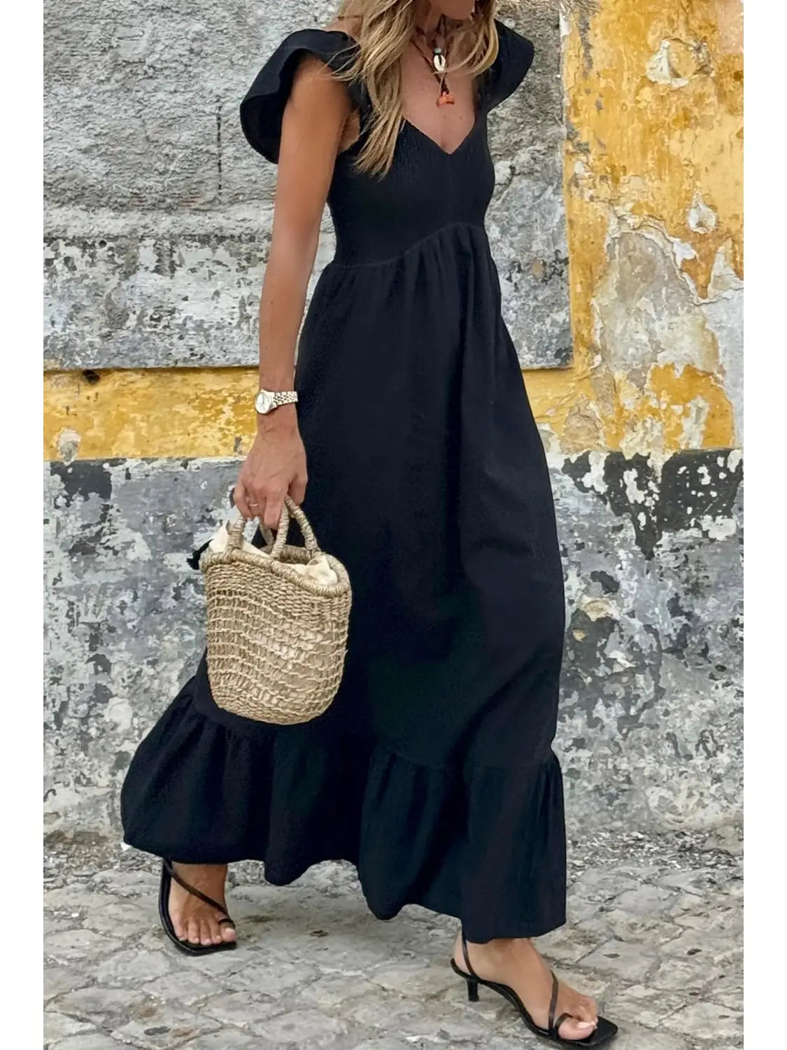 V Neck Flutter Sleeve Smocked Bodice Ruffle Maxi Dress - Black