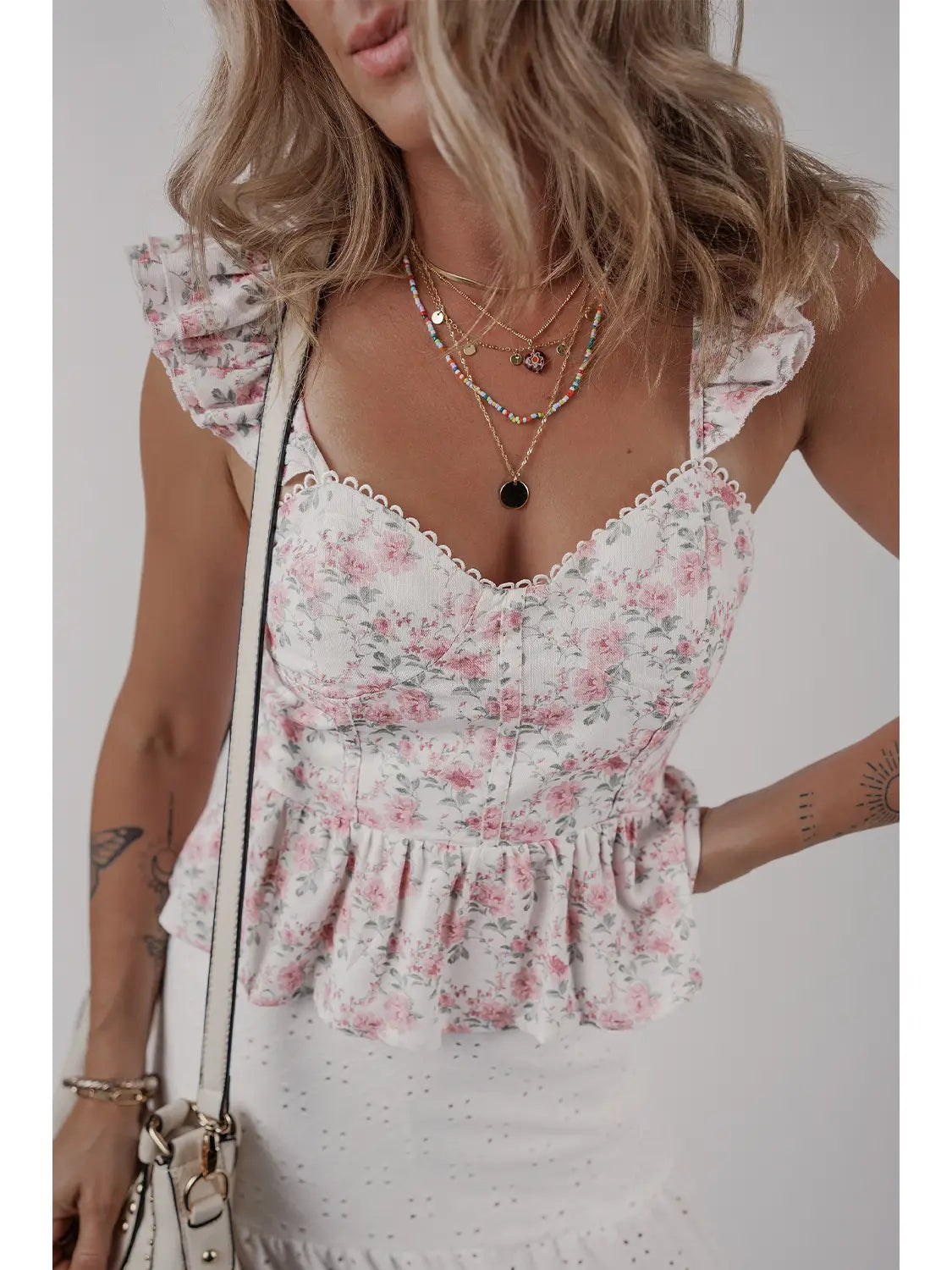 Floral Flutter Peplum Tank Top - White