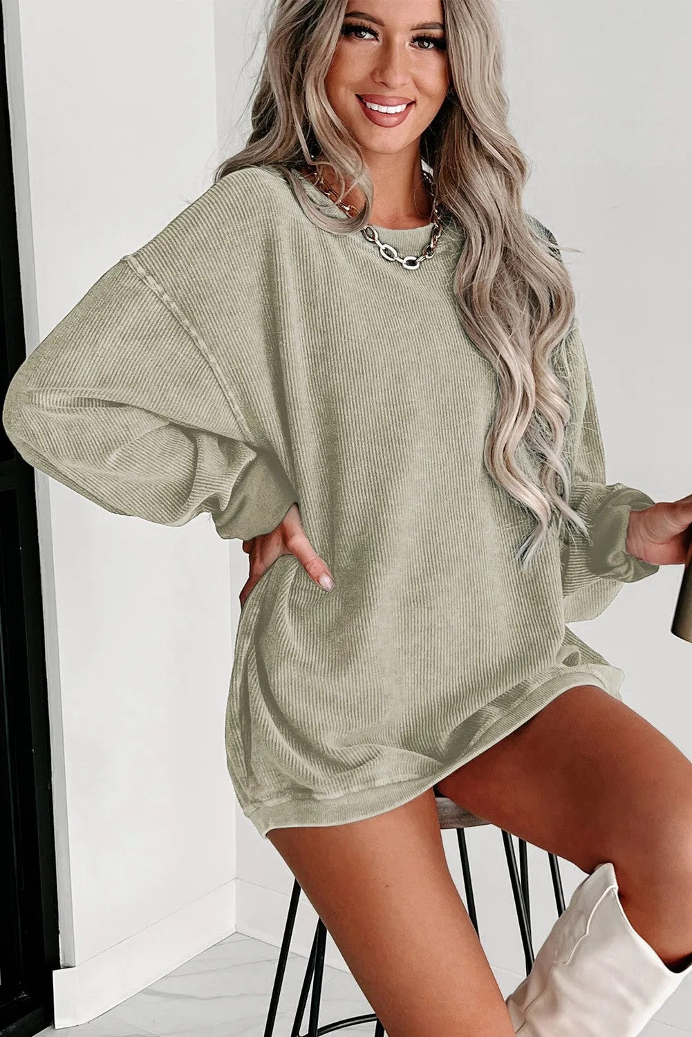 Ribbed Knit Round Neck Pullover Sweatshirt - Green