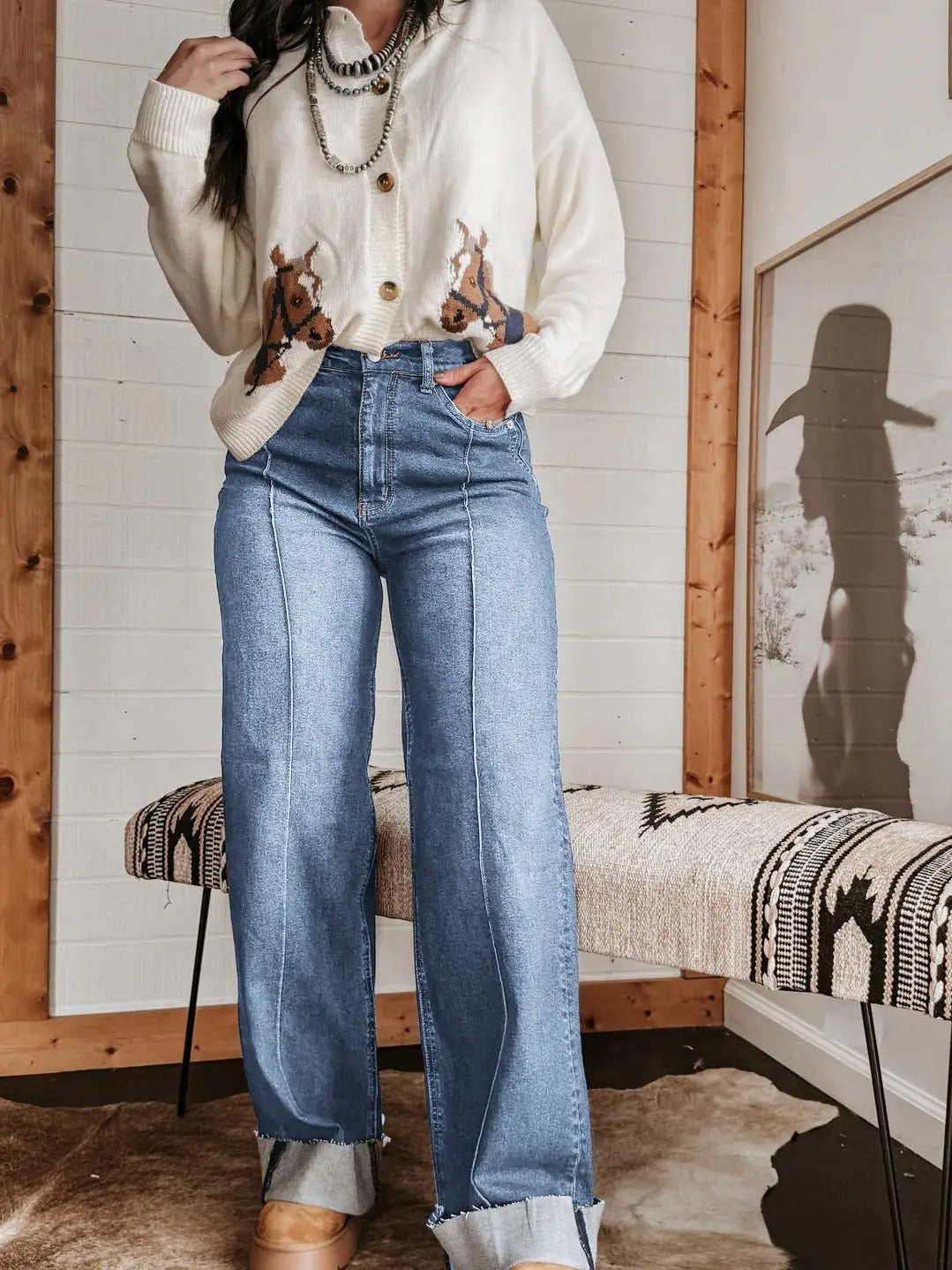 Retro Turn-Up Wide Leg Jeans
