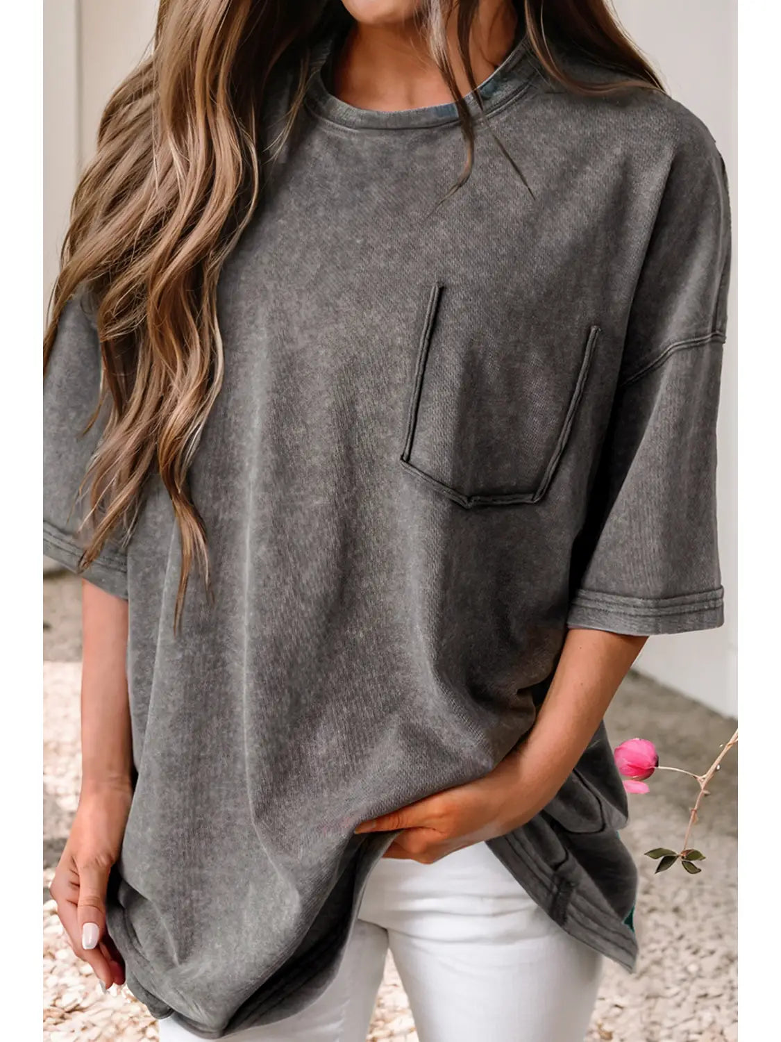 Mineral Wash Half Sleeve Boyfriend Vintage T Shirt - Grey