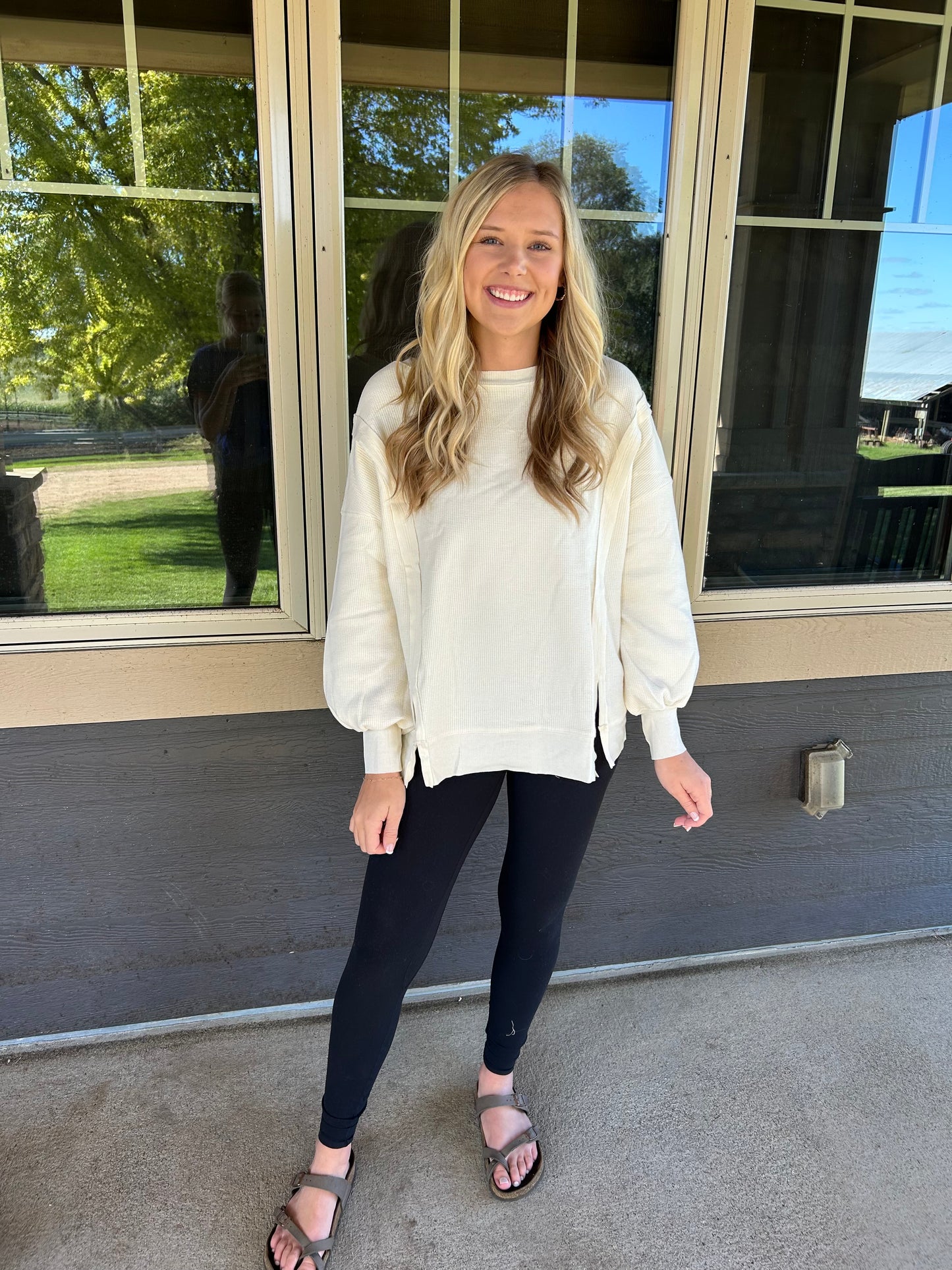 Waffle Knit Bishop Sleeve Split Oversized Top