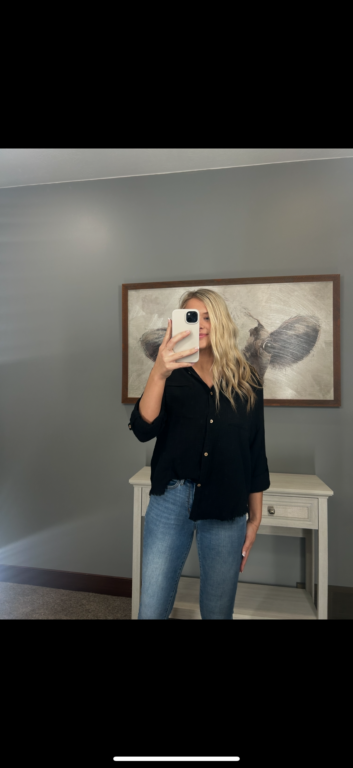 Zenana Button Down Roll-Up Long Sleeve Shirt - Black