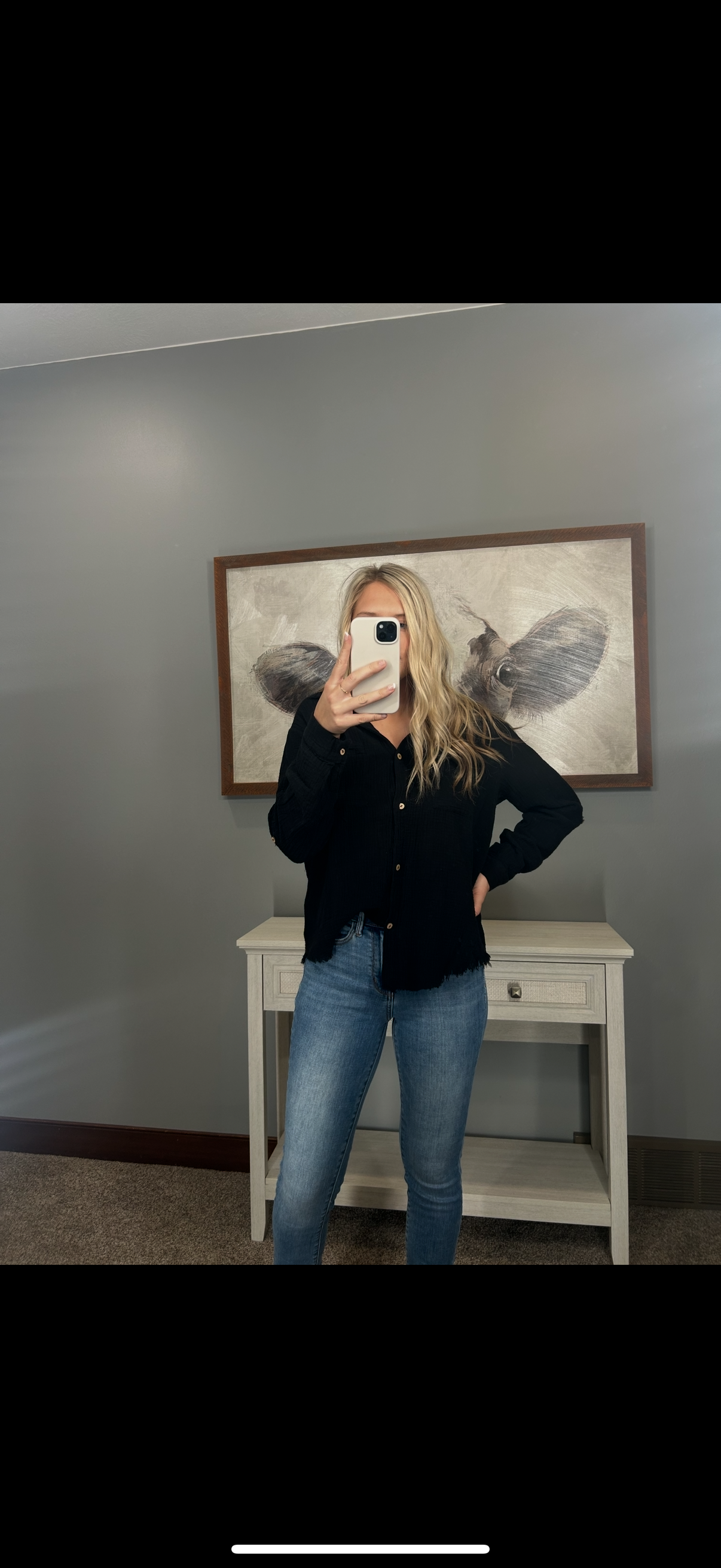 Zenana Button Down Roll-Up Long Sleeve Shirt - Black