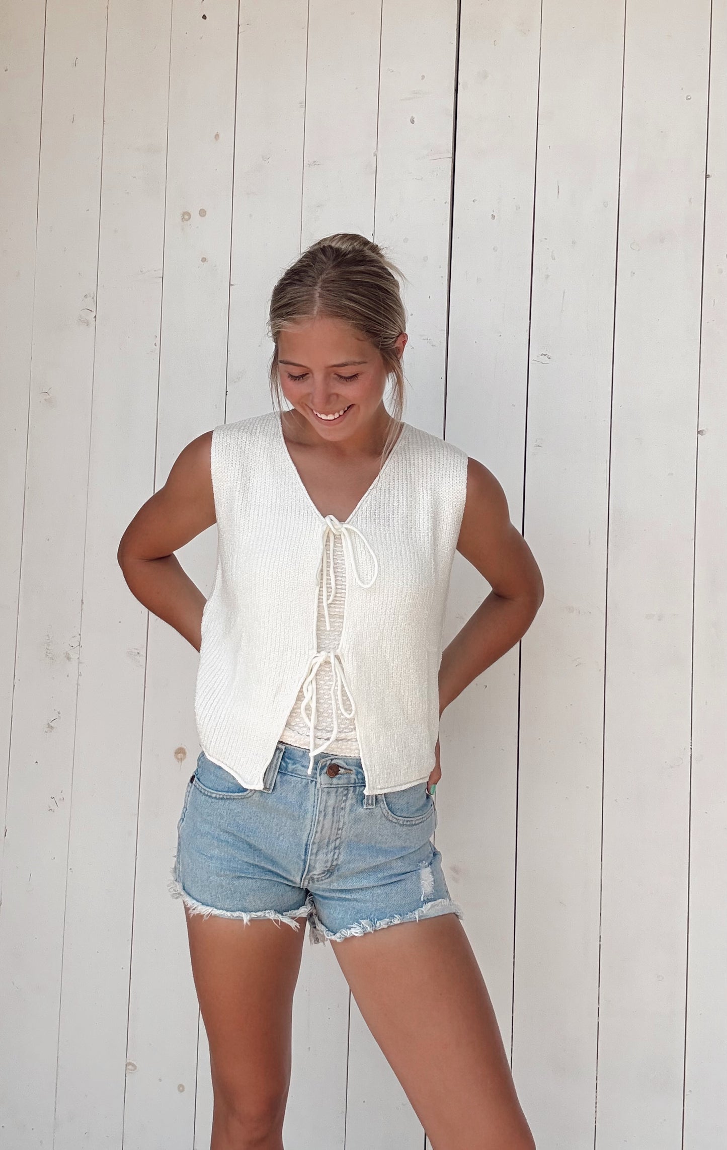 Beige Lace-Up Front V Neck Sweater Vest