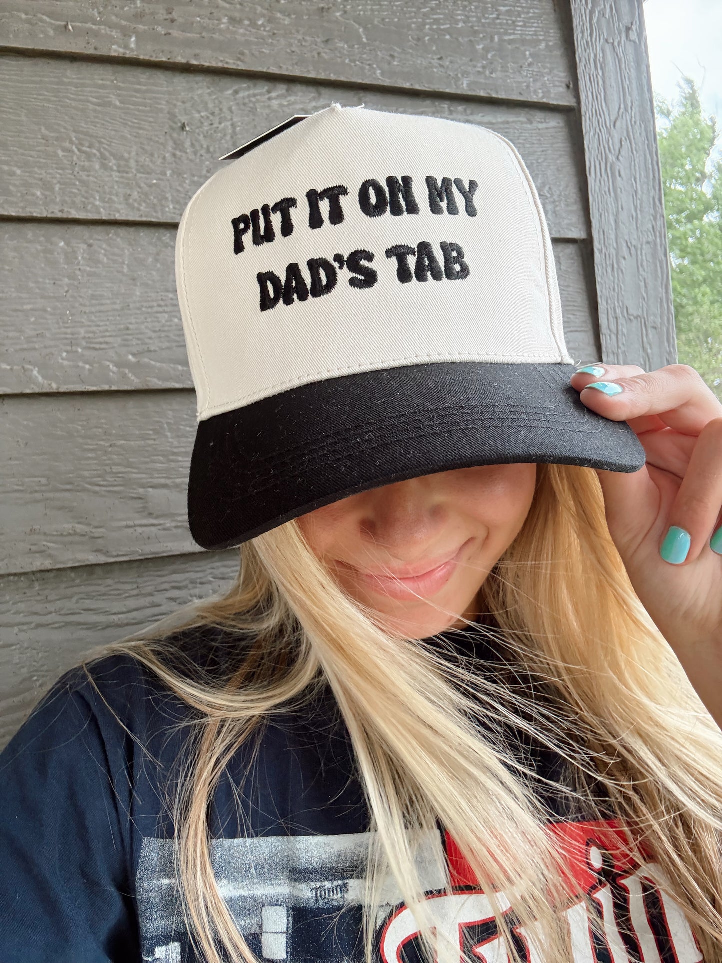 Put it On My Dads Tab Embroidered Cap (Navy, Black, Brown, tan)