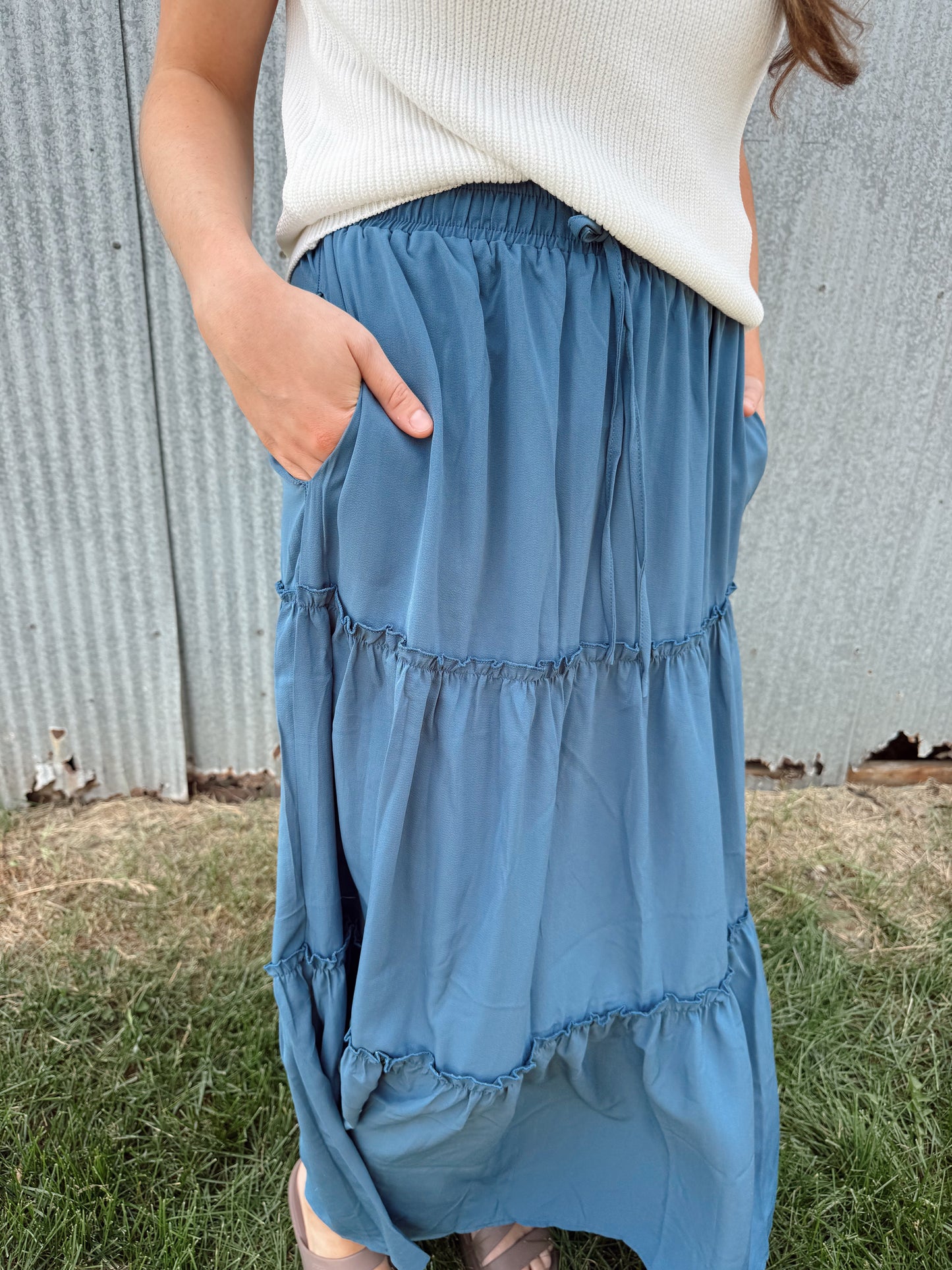 Boho Tiered Maxi Skirt with Pocket - Blue