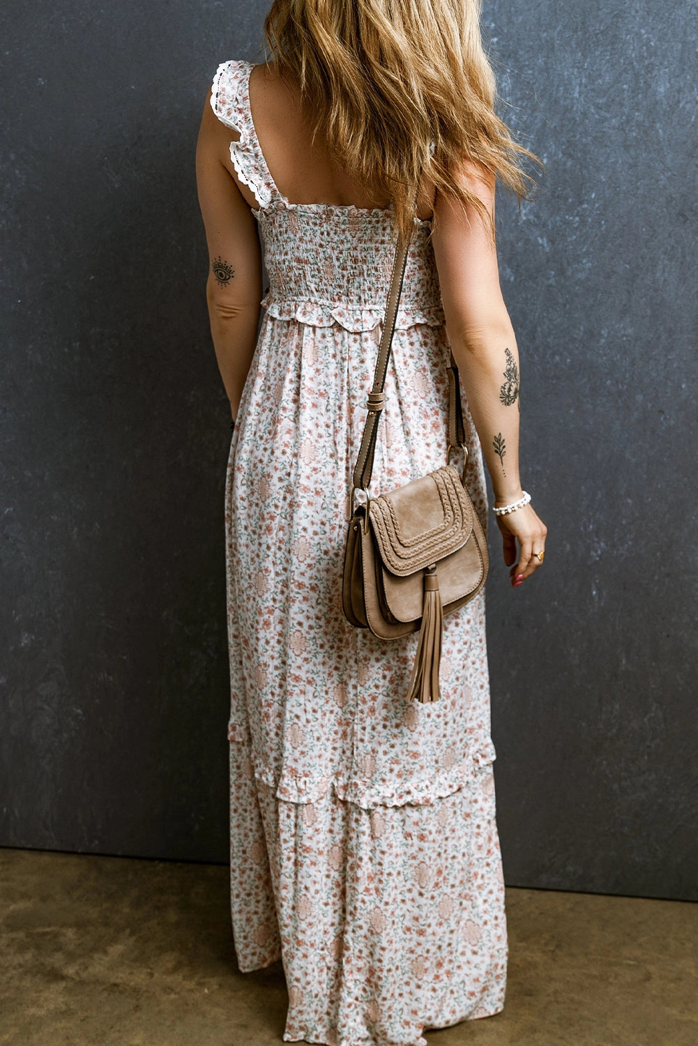 Floral Smocked Ruffle Maxi Dress - White
