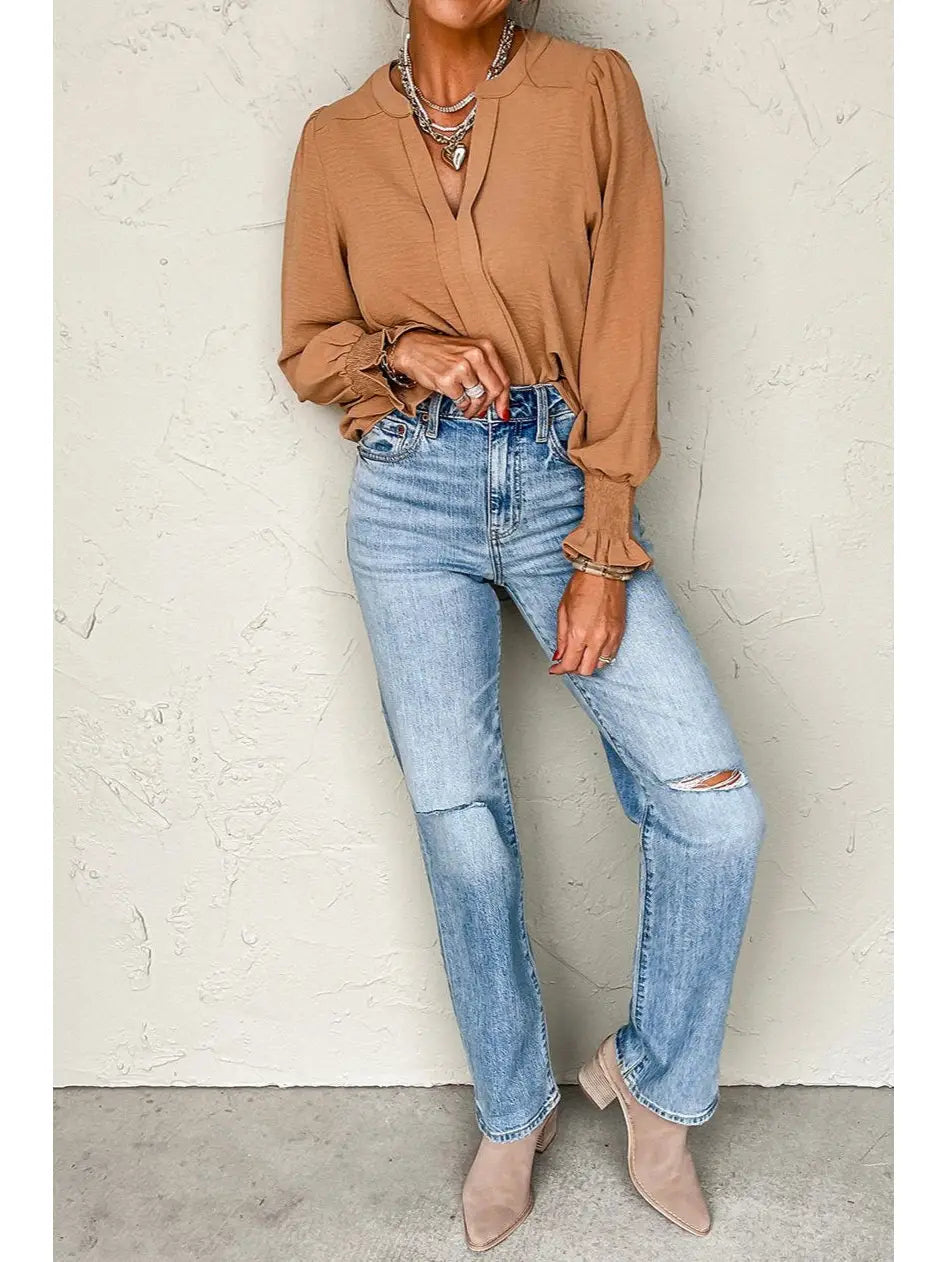 Shirred Long Sleeve V-Neck Blouse - Sand