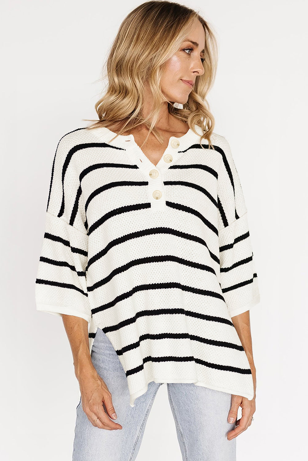 Henley Buttoned Placket Drop Shoulder Bracelet Sleeve Knit Sweater Tee - White