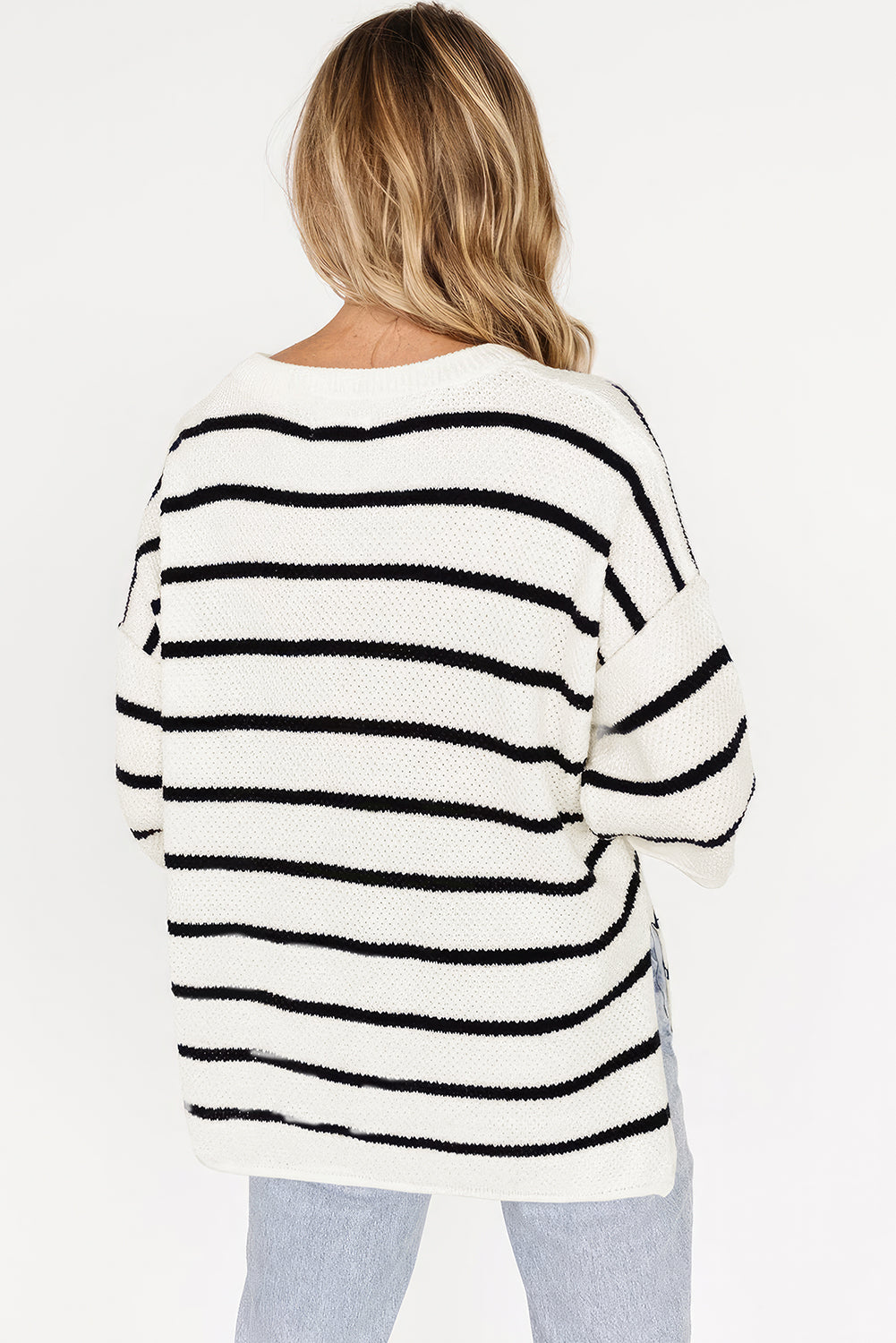 Henley Buttoned Placket Drop Shoulder Bracelet Sleeve Knit Sweater Tee - White