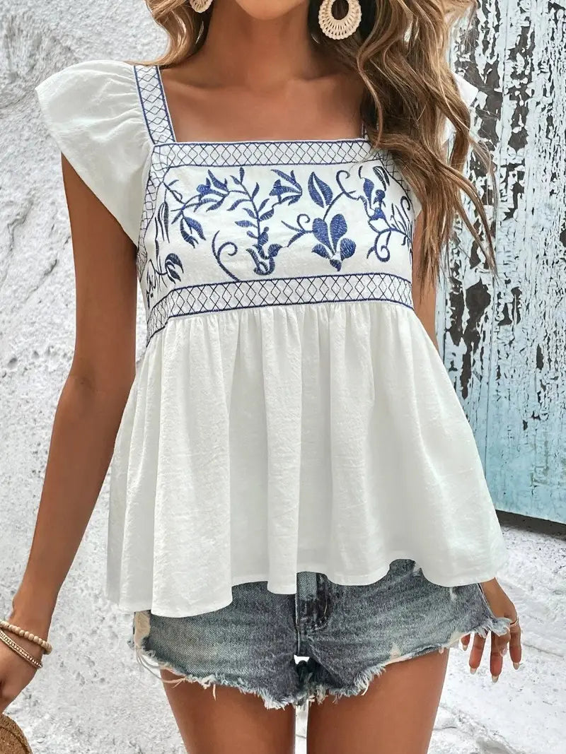 Embroidered Square Collar Ruffled Top - White