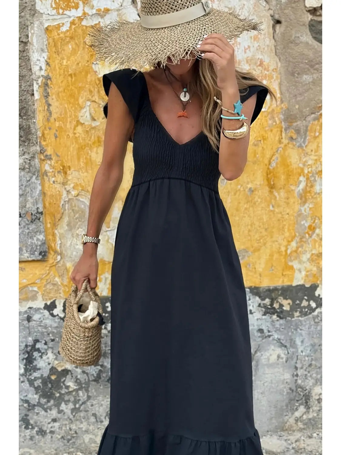 V Neck Flutter Sleeve Smocked Bodice Ruffle Maxi Dress - Black