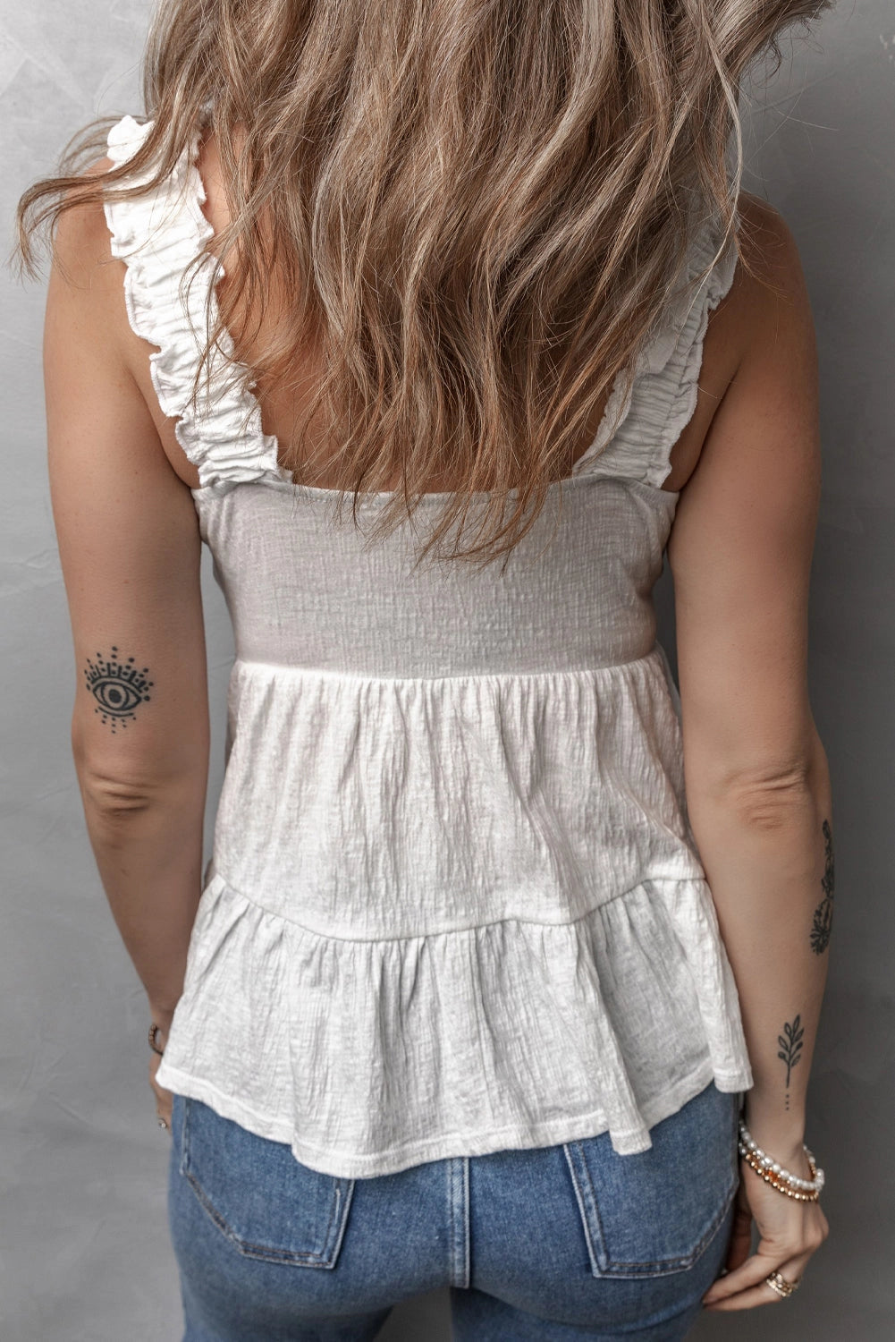 Crinkle Ruffle Tank Top - White