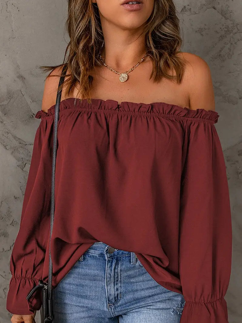 Color Pullover Off-Shoulder Top - Wine