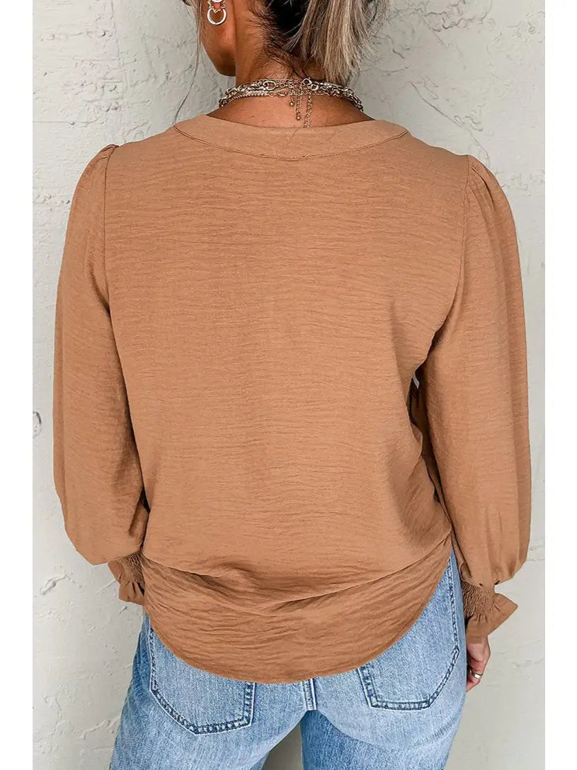 Shirred Long Sleeve V-Neck Blouse - Sand