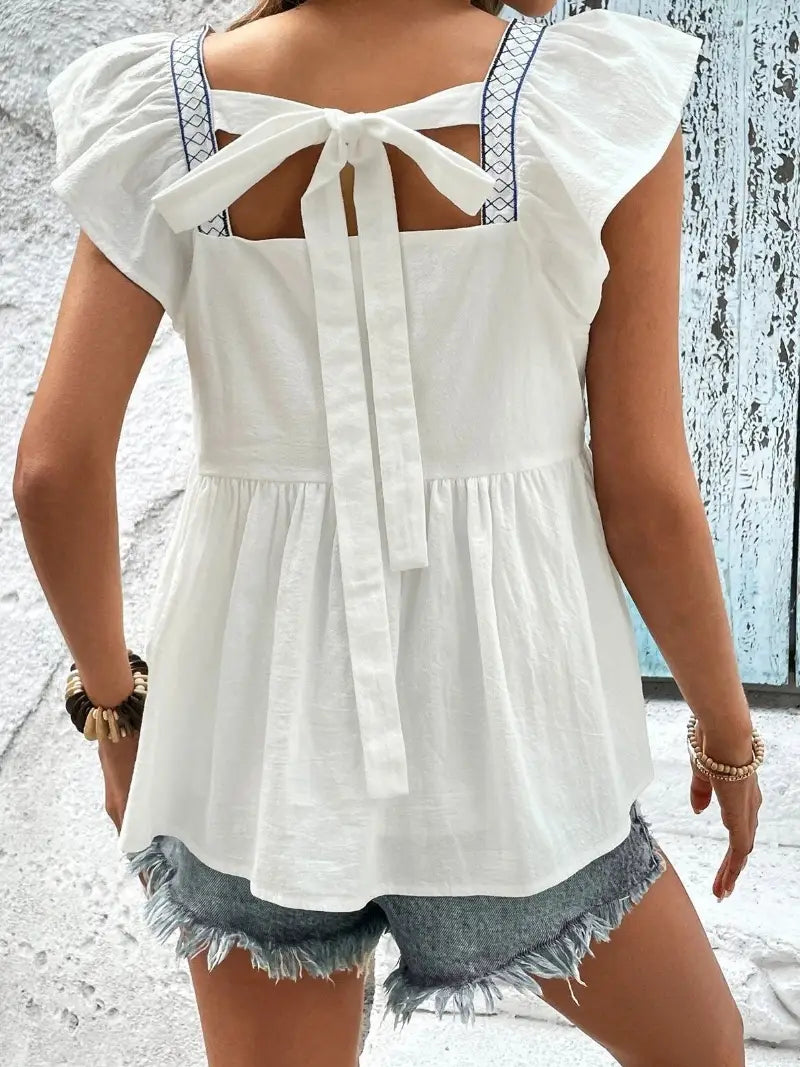 Embroidered Square Collar Ruffled Top - White