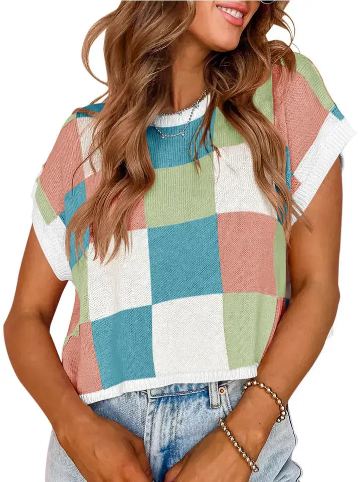 Plaid Colorblocked Skeleton Knit Vest