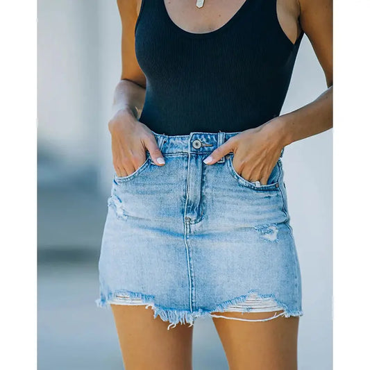 Distressed Raw Hem Denim Mini Skirt