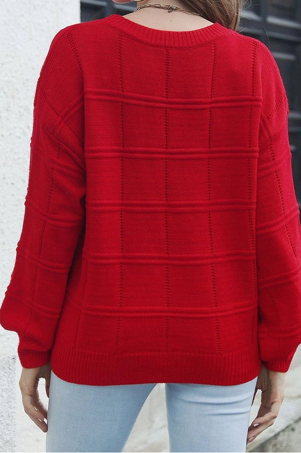 Crew Neck Long Sleeve Pullover Sweater- Red