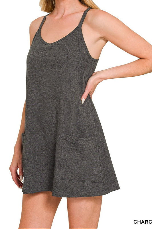 Zenana mini dress with built in romper - Charcoal