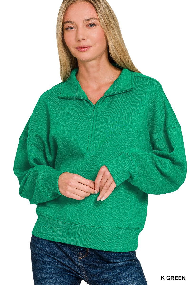 Zenana Fleece High Neck Half Zip Sweatshirts - Kelly Green
