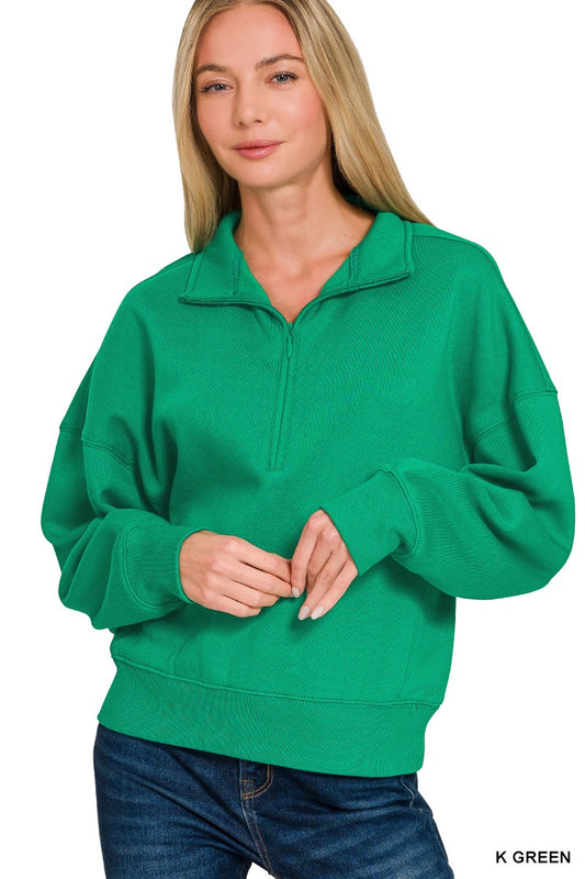 Zenana Fleece High Neck Half Zip Sweatshirts - Kelly Green