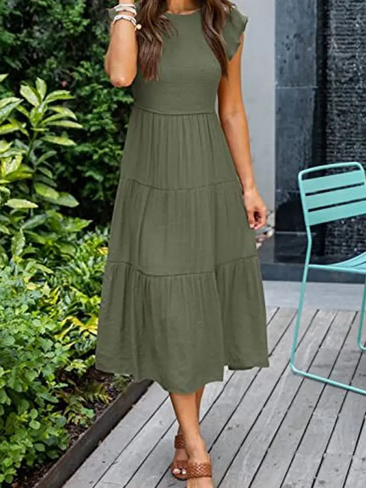 Sleeve Shirred Layered Short Sleeve Dress