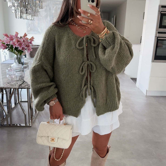 Plain Color Bow Lace Up Cardigan