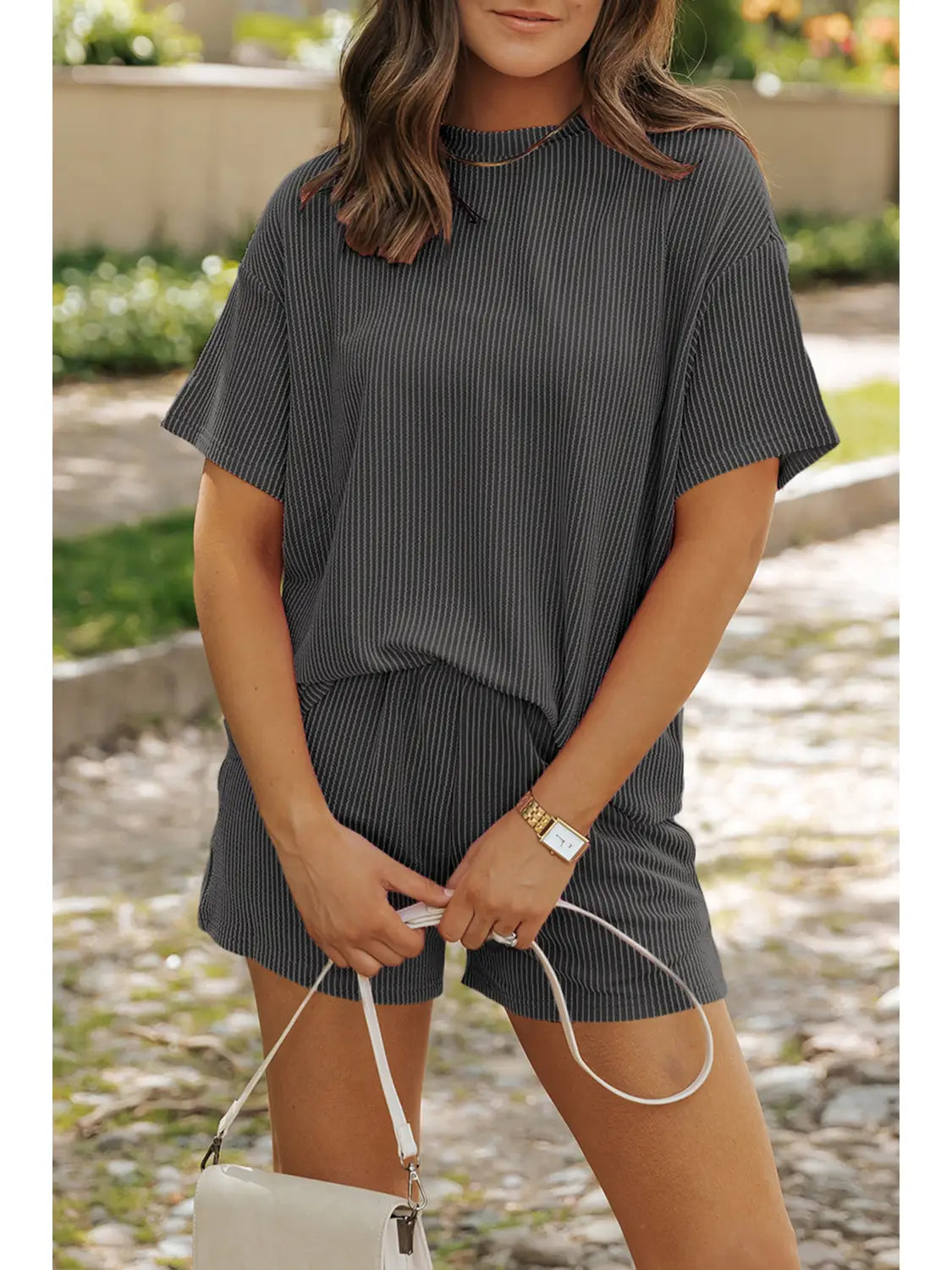 Ribbed Textured Knit Loose Fit Tee Shorts Set