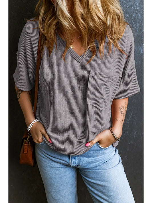 V Neck Chest Pocket Loose T-Shirt - Grey
