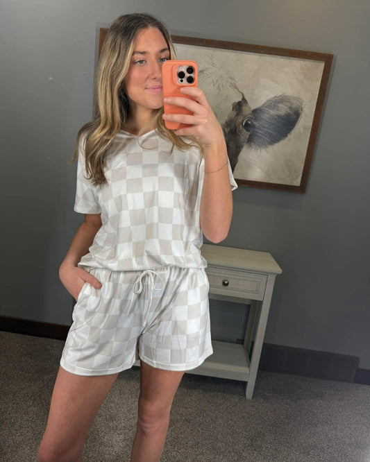 Checkered V Neck Tee Drawstring Shorts Lounge Set - Beige