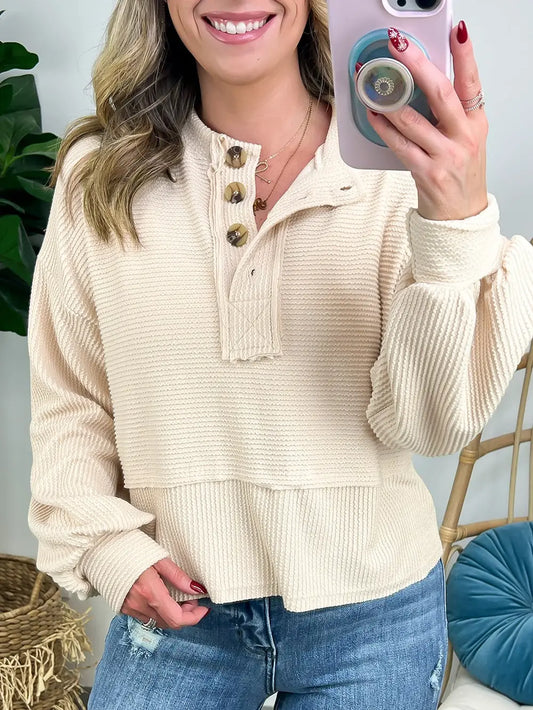 Corded Texture Lantern Sleeve Buttons Henley Sweatsuit - Apricot