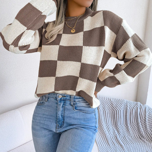 Plaid Pullover Knit Sweater - Brown