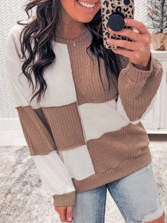 Dark Khaki Colorblock Checkered Sweater