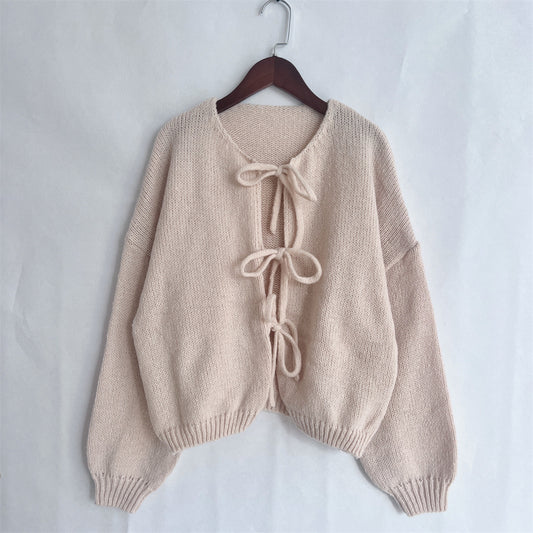 Plain Color Bow Lace Up Cardigan - Tan
