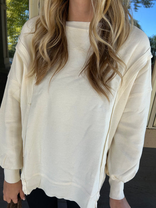 Waffle Knit Bishop Sleeve Split Oversized Top