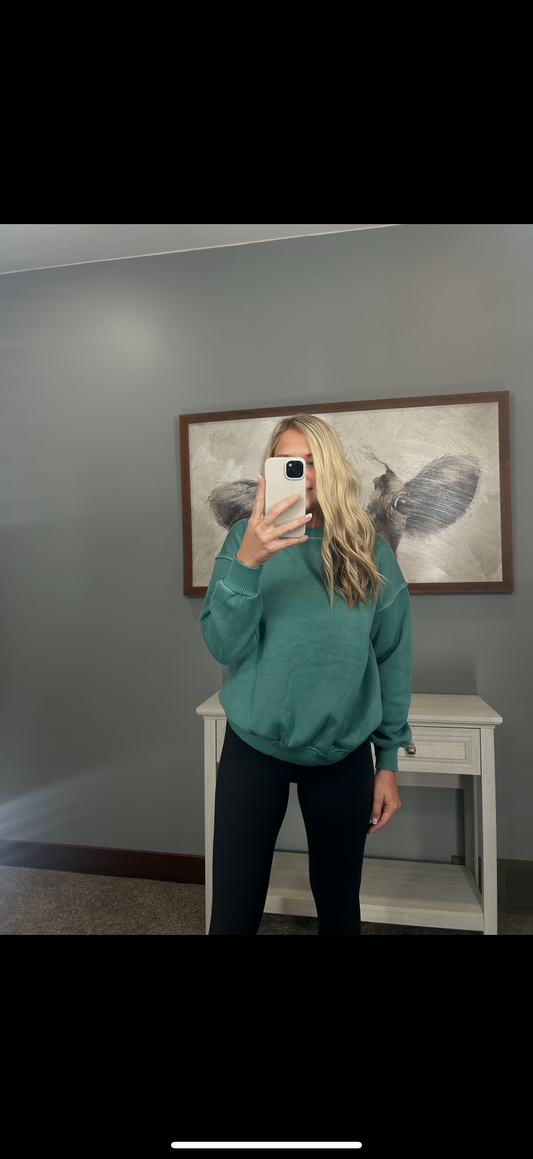 Zenana Pigment Dyed Crewneck Pullover - Teal