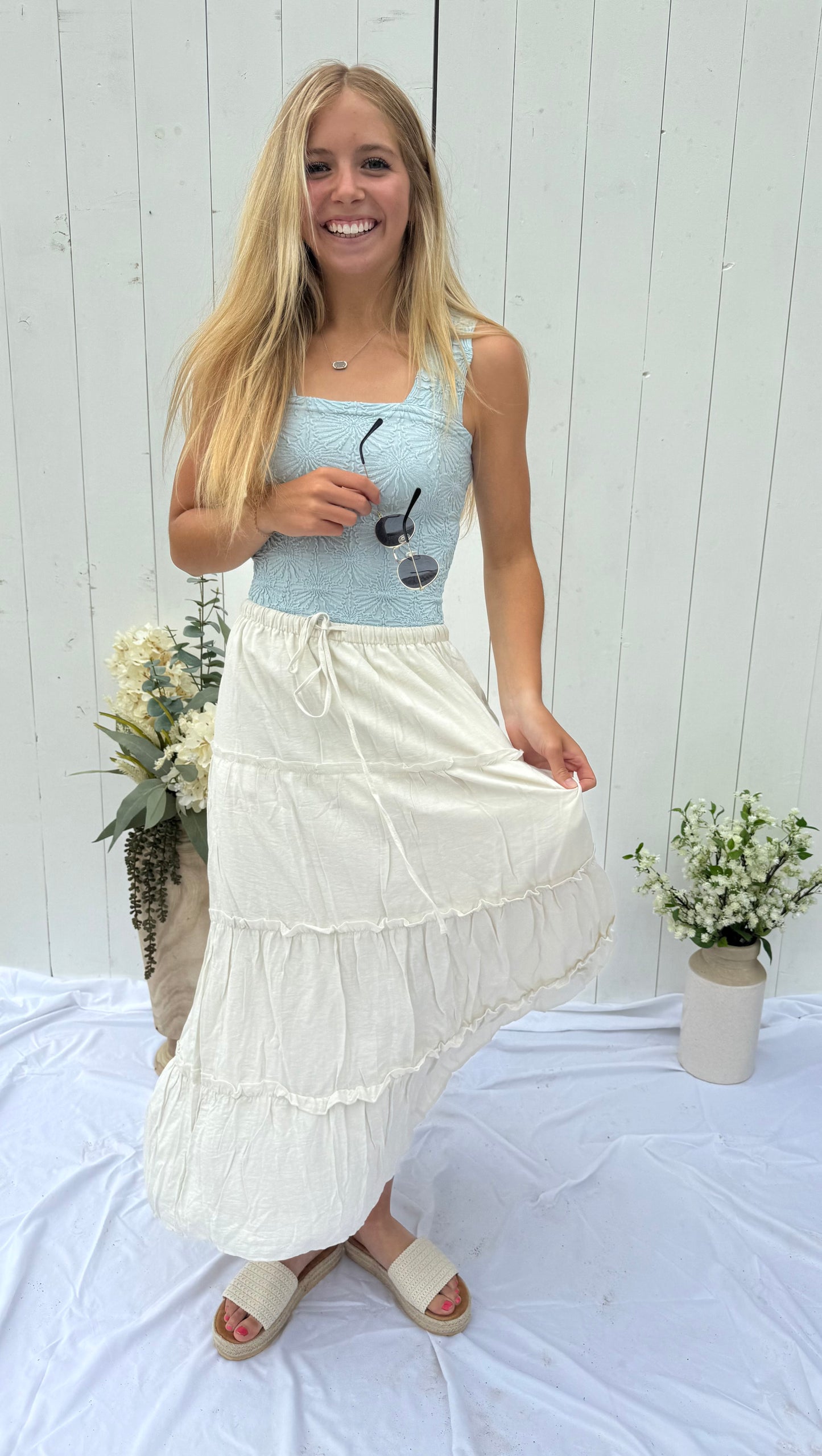 Elastic Waist Casual Long A Line Tiered Skirt - Cream/White