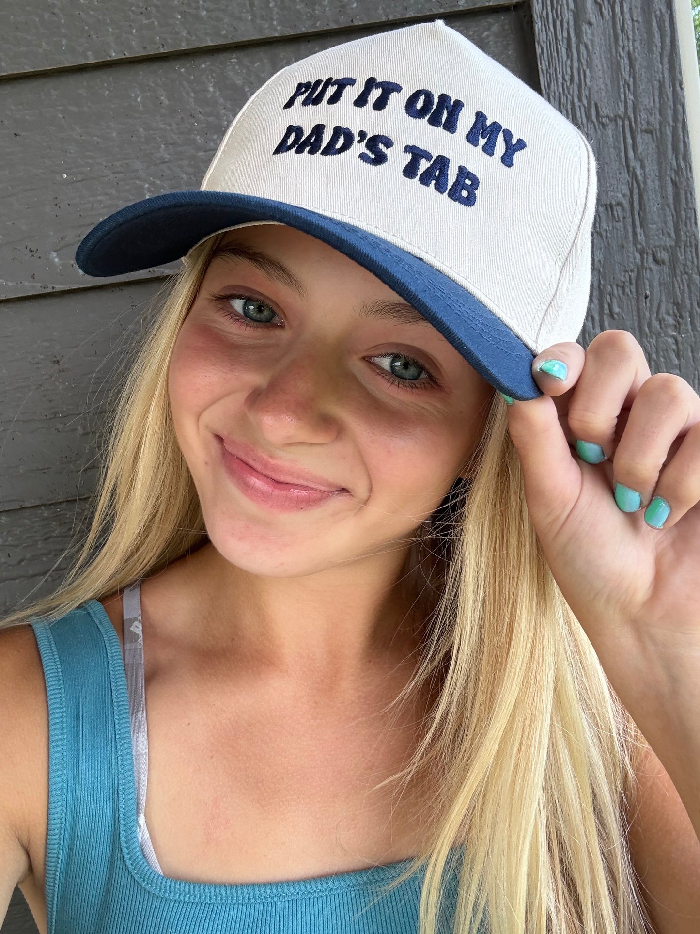 Put it On My Dads Tab Embroidered Cap (Navy, Black, Brown, tan)