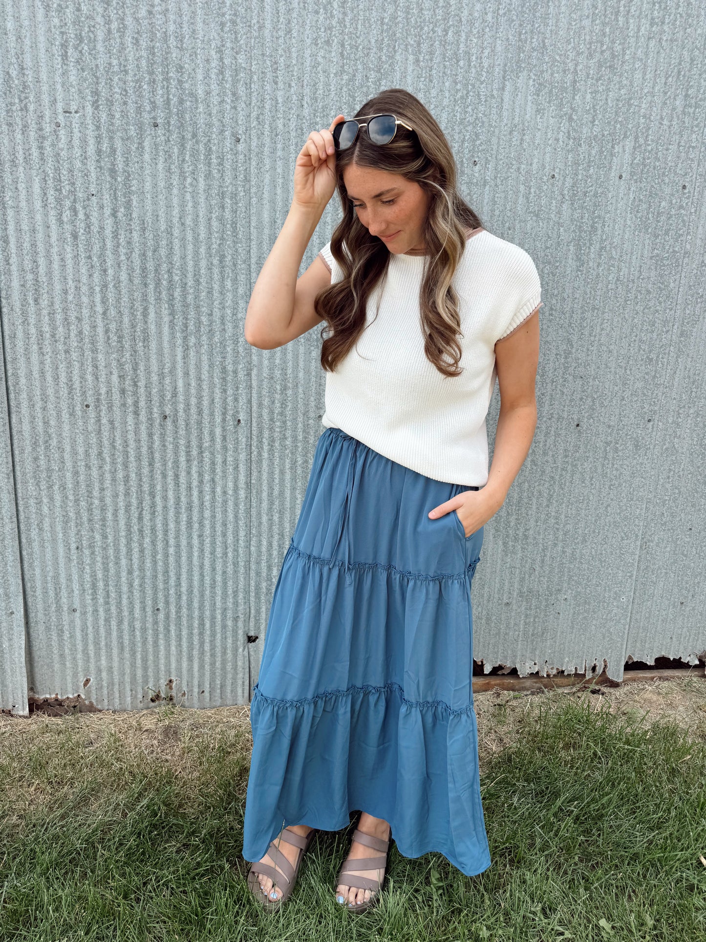 Boho Tiered Maxi Skirt with Pocket - Blue