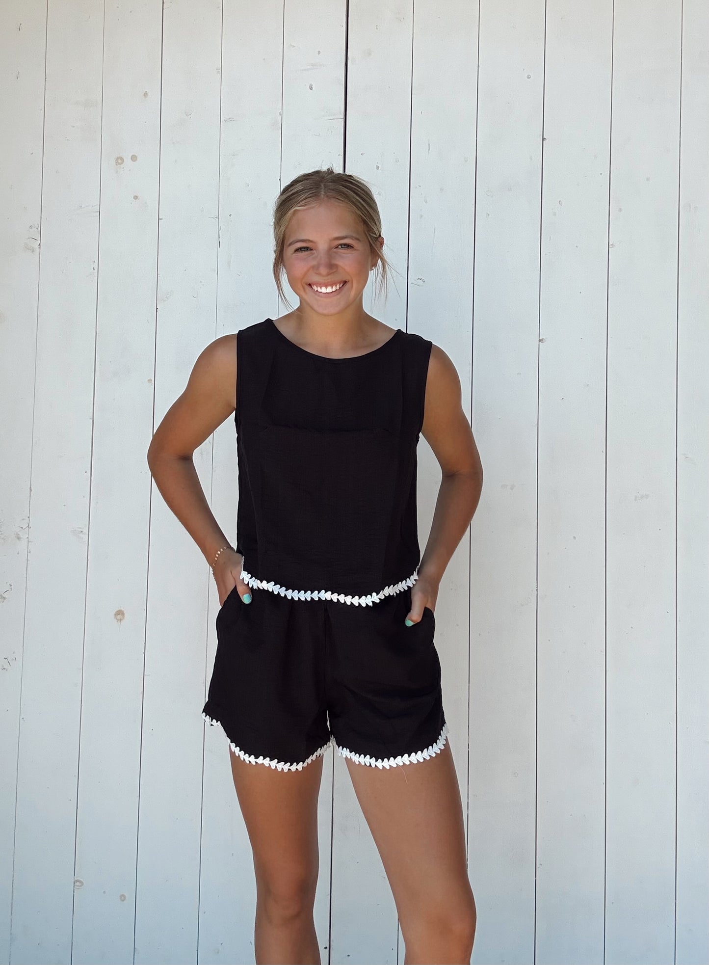 Black Contrast Trim Sleeveless Top and Shorts Set