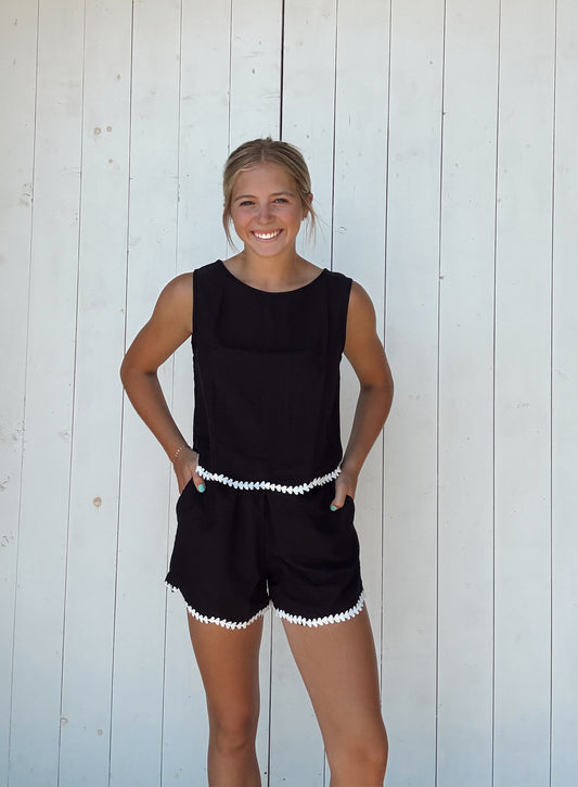 Black Contrast Trim Sleeveless Top and Shorts Set